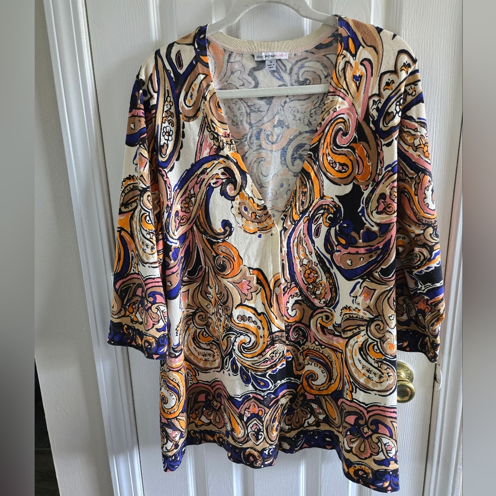 Issac Mizrahi  V-Neck Paisley Cardigan
